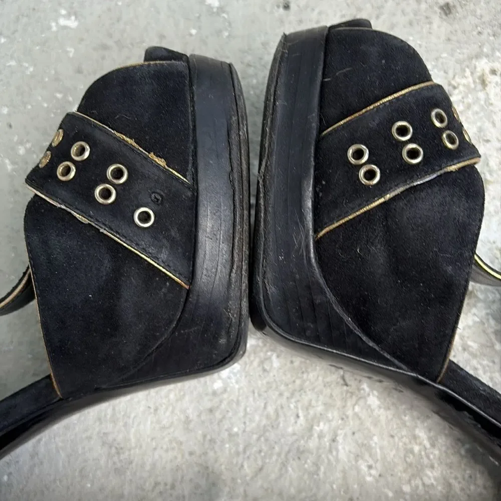 Fendi T strap suede platforms with gold grommets